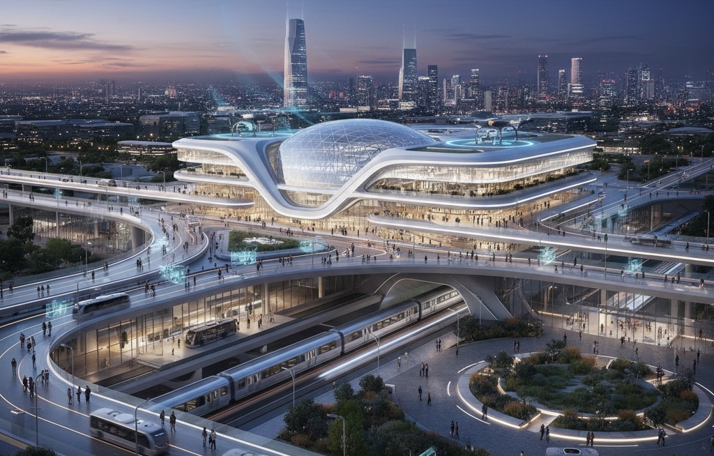 Multi-modal transport hub with rail, bus, and active travel interchange infrastructure and retail concourse